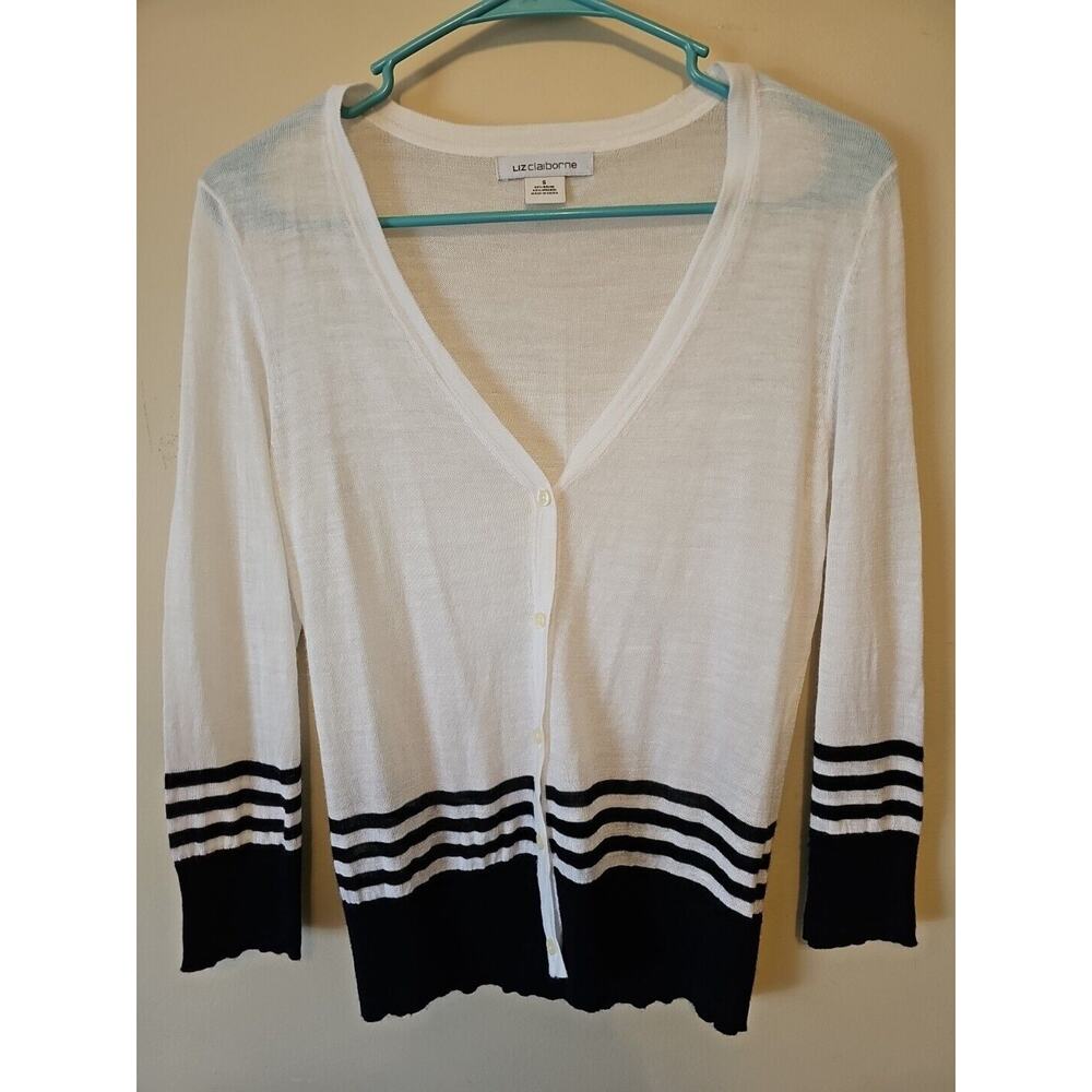 Liz Claiborne Women's Cardigan‎ White Navy Blue Stripes Size Small